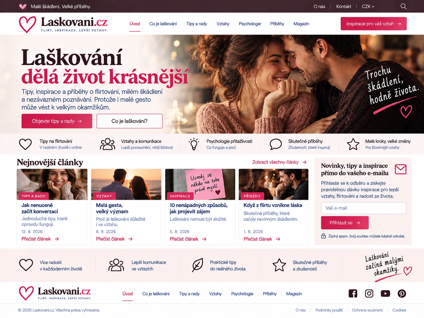 Ilustrační návrh webu Laskovani.cz v malinové a tmavě vínové s dospělým párem při něžném flirtování